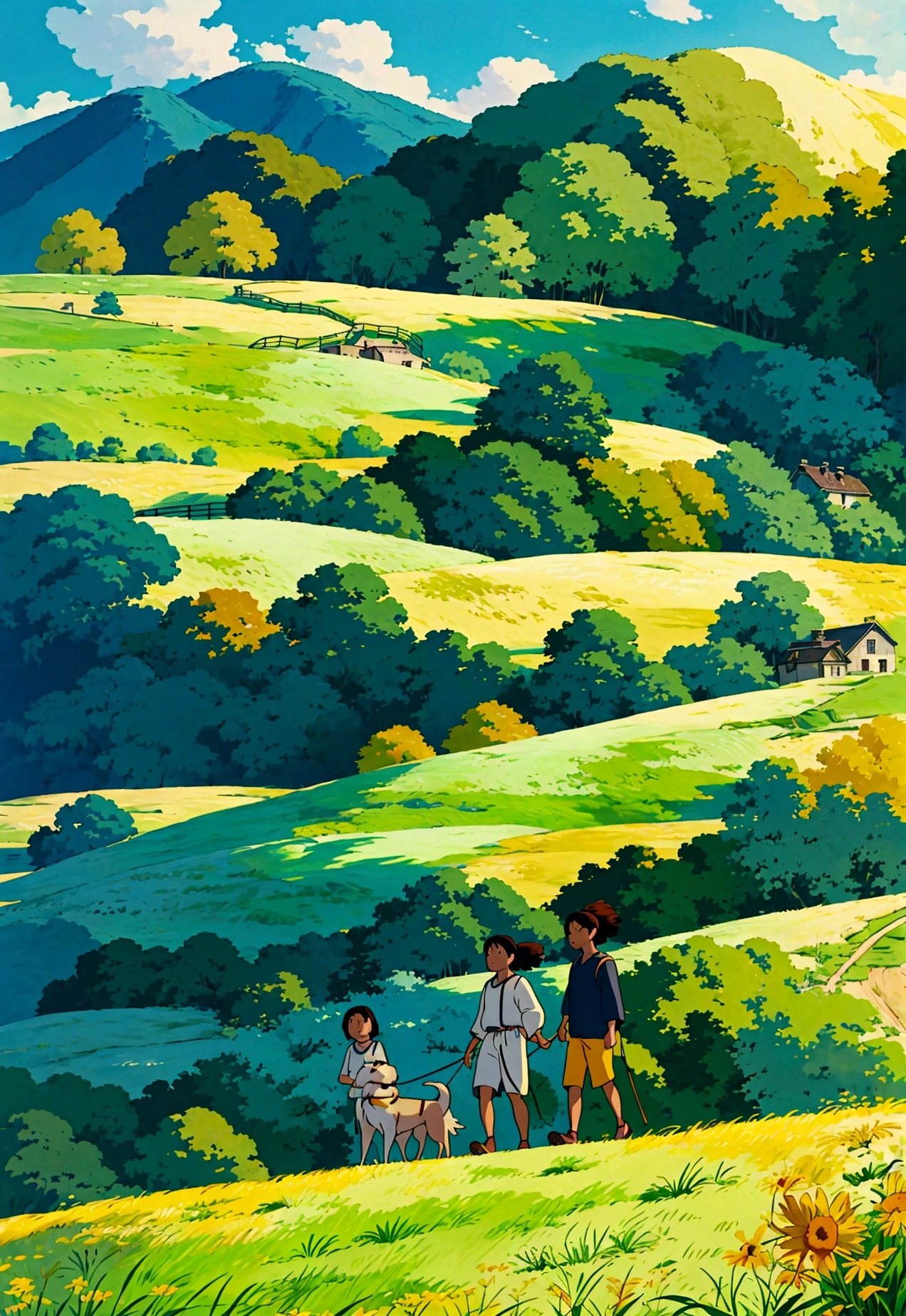 Create a serene scene of a couple walking along with their dog in a picturesque rural landscape on a bright summer day. The artwork should be done in a detailed fantasy digital painting style, capturing the warmth and tranquility of the countryside. Use vibrant, warm colors like lush greens, sunny yellows, and soft blues to evoke a sense of peace and contentment. The couple should be depicted in casual, relaxed attire, enjoying their walk, while their dog happily trots alongside them.