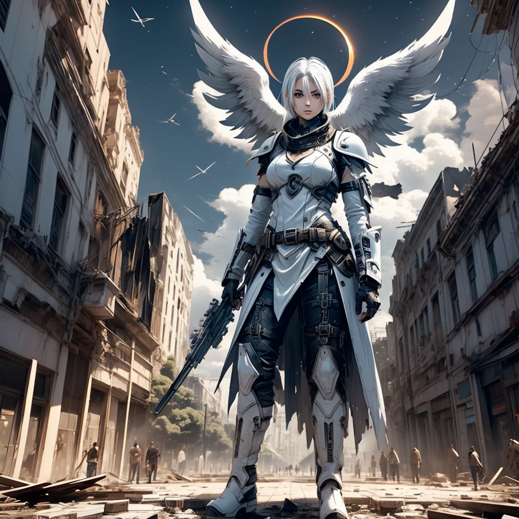 A female angel with black wings and white hair, in a destroyed city, during an eclipse, during at night, character in the center of the image