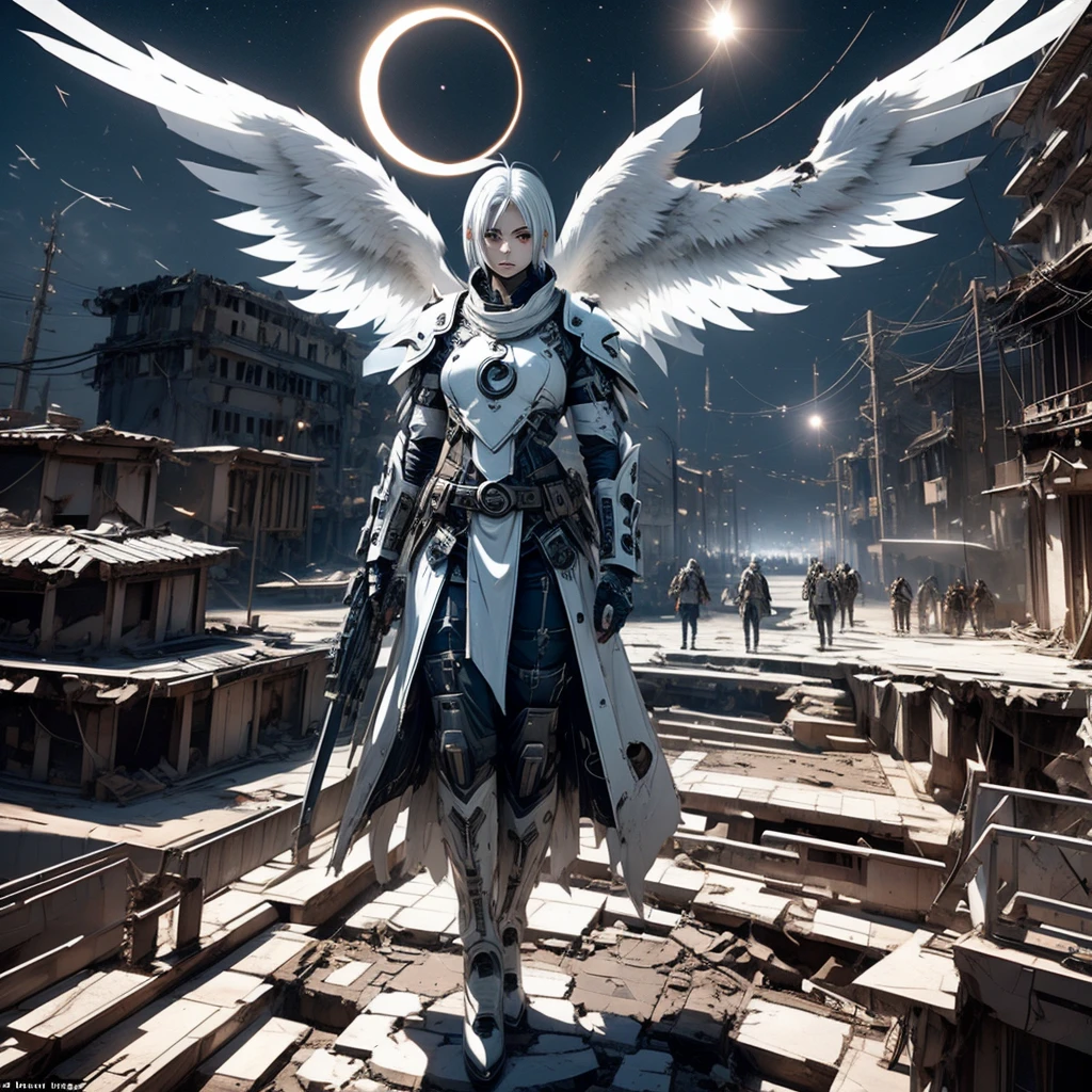 A female angel with black wings and white hair, in a destroyed city, during an eclipse, during at night, character in the center of the image