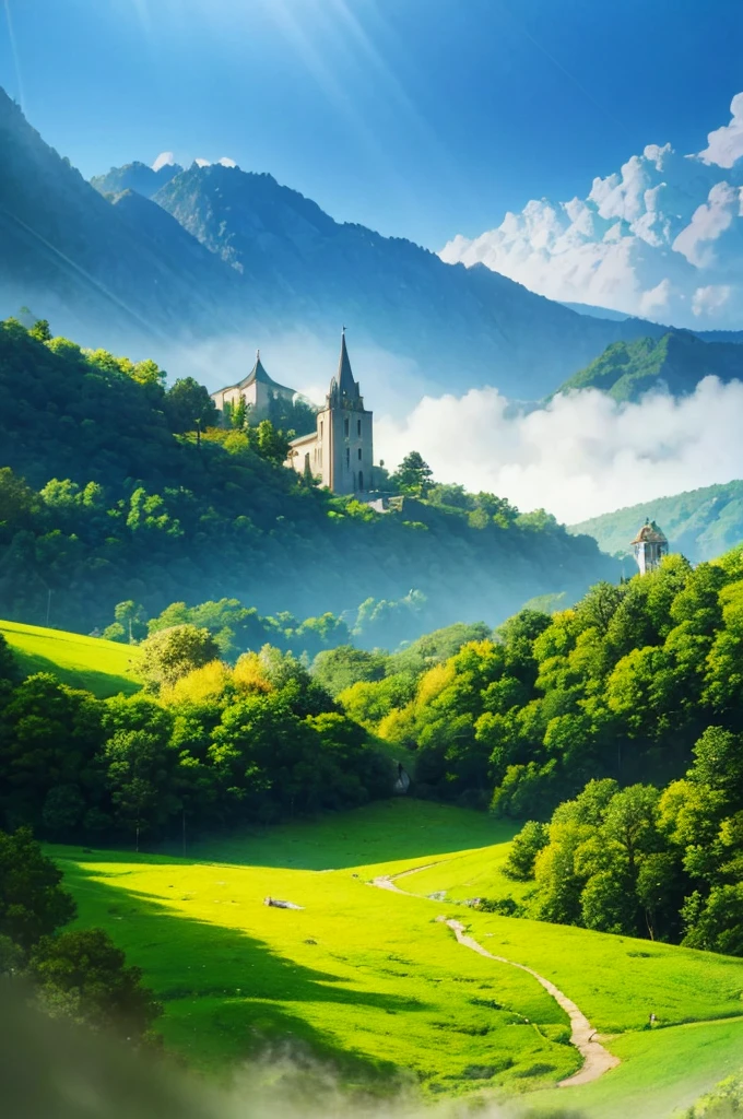 Medieval Catholic church on the mountain, View of the sea, surrounded by lush vegetation in a valley of flowers, rise sun, with rays of light, slightly misty day, Ultra -HD, 真实感, cinematic light, detailed back ground, swirly vibrant colors, conceptual artwork