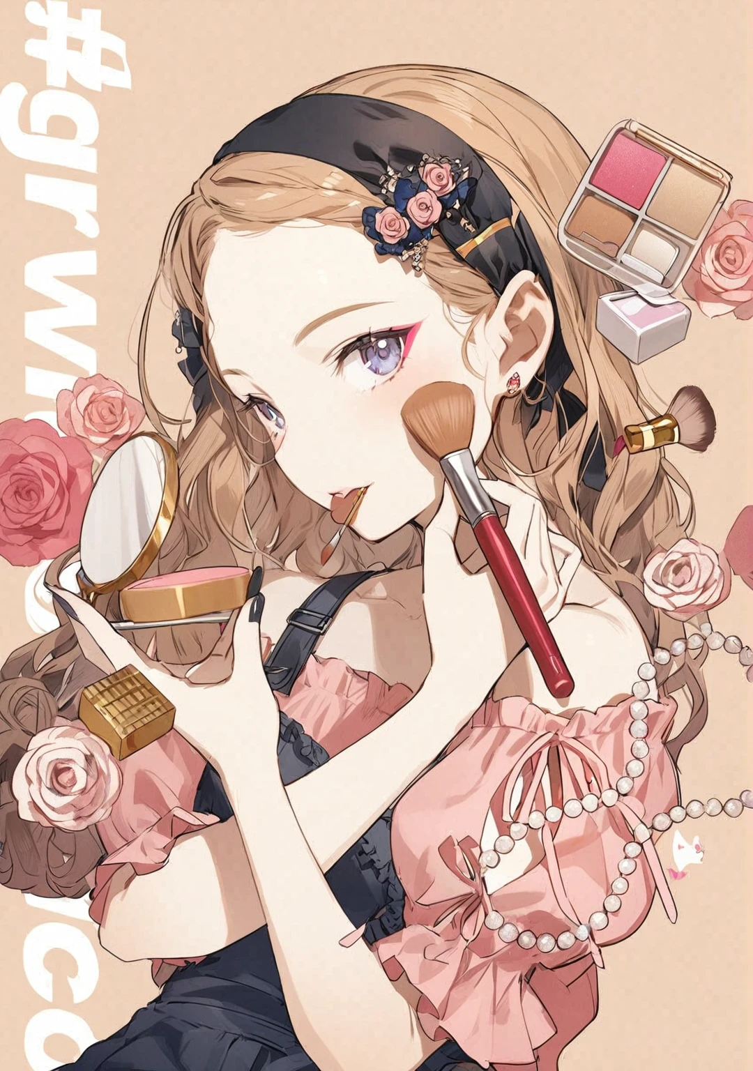 Anime girl with makeup brush and make up mirror with roses, I'll do fanart too, Ayami Kojima, PIKIV, by Ai-Mitsu, from Kamagurka, sweet, Guys, PIKIV style, (Anime girl), Gouvez, Natsumi Mukai, artist, cute art style, beautiful artwork illustration