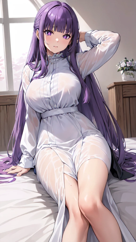 masterpiece, Highest quality, High resolution, Arfern, Long Hair, Purple Hair, Blunt bangs, Purple eyes, Large Breasts, (Long dress), (White Dress:1.3), (Long sleeve), Sitting,(open cloth:1.3),White underwear,arm behind head,wet cloth, Bedroom,(Puffing one's cheeks), Cowboy Shot,