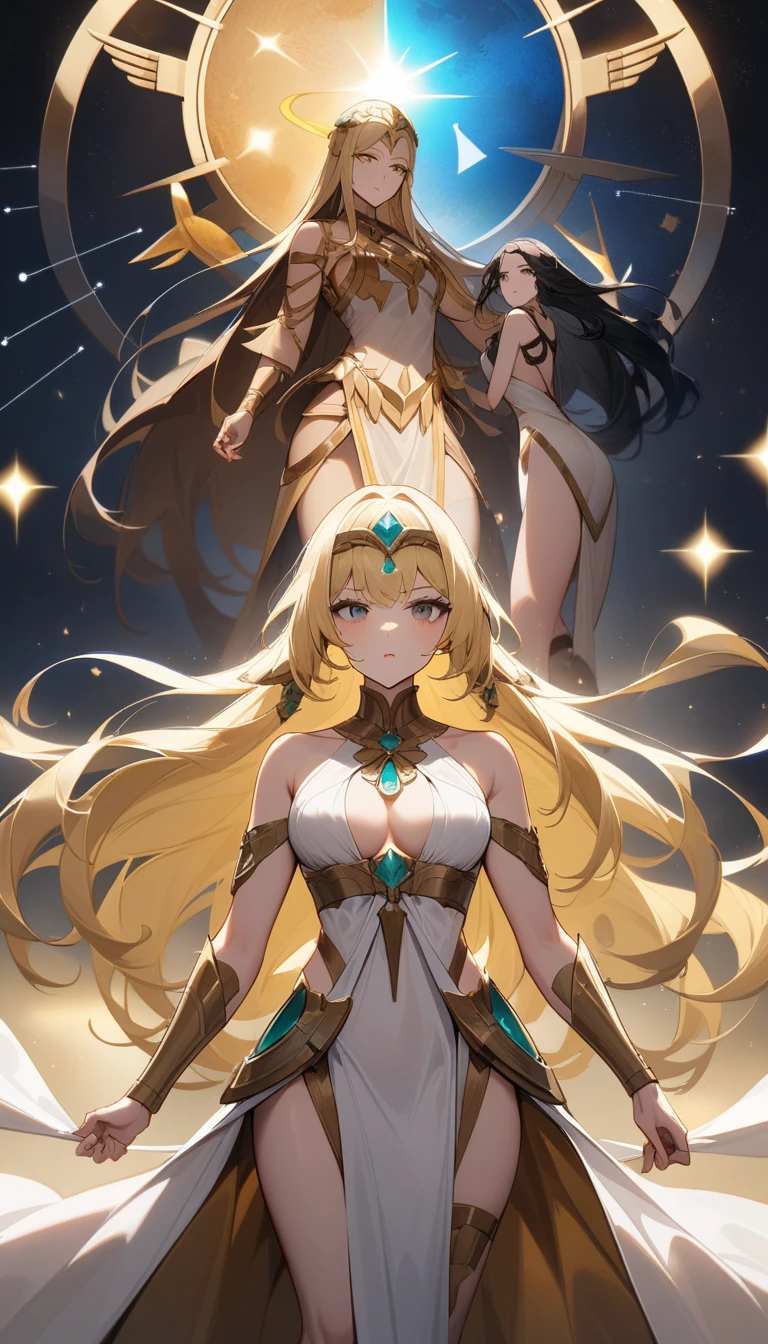 （Huang Li、high quality、Extremely detailed），Constellation - Gemini Goddess，Two goddesses，Women standing opposite，Two goddesses看着对方，Similar to Latin goodness，brave，capricious，Productivity，The face of enterprising and humanitarianism，Long yellow hair，Ancient Greek costumes、Wrap Dress，，The background is the universe，Crystal black eyes（Eyes Details），Powerful appearance，Correct finger，Correct anatomy