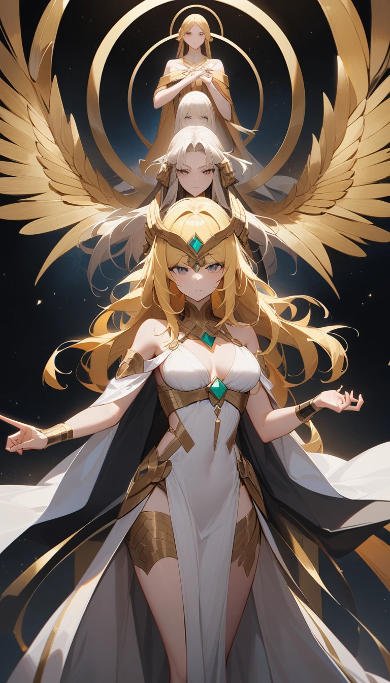 (Huang Li、high quality、Extremely detailed),Constellation - Gemini Goddess,Two goddesses,Women standing opposite,Two goddesses看着对方,Similar to Latin goodness,brave,capricious,Productivity,The face of enterprising and humanitarianism,Long yellow hair,Ancient Greek costumes、Wrap Dress,,The background is the universe,Crystal black eyes(Eyes Details),Powerful appearance,Correct finger,Correct anatomy