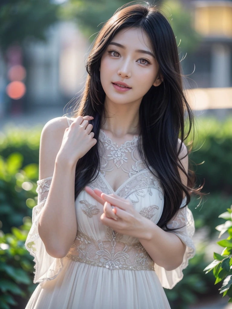 (best quality,4k,8k,highres,masterpiece:1.2),ultra-detailed,(realistic,photorealistic,photo-realistic:1.37), HDR, UHD, studio lighting, ultra-fine painting, sharp focus, physically-based rendering, extreme detail description, professional, vivid colors, bokeh, portraits, brunette girl, long hair, evening dress, beautiful detailed eyes, beautiful detailed lips, extremely detailed eyes and face, long eyelashes, delicate and radiant skin, elegant and confident posture, graceful hand gestures, enchanting smile, intricate lace embroidery on the dress, flowing and ethereal fabric, soft color gradient from dusky purple to midnight blue, warm and subtle golden highlights, gentle moonlight illuminating the surroundings, soft shadows creating depth and dimension.