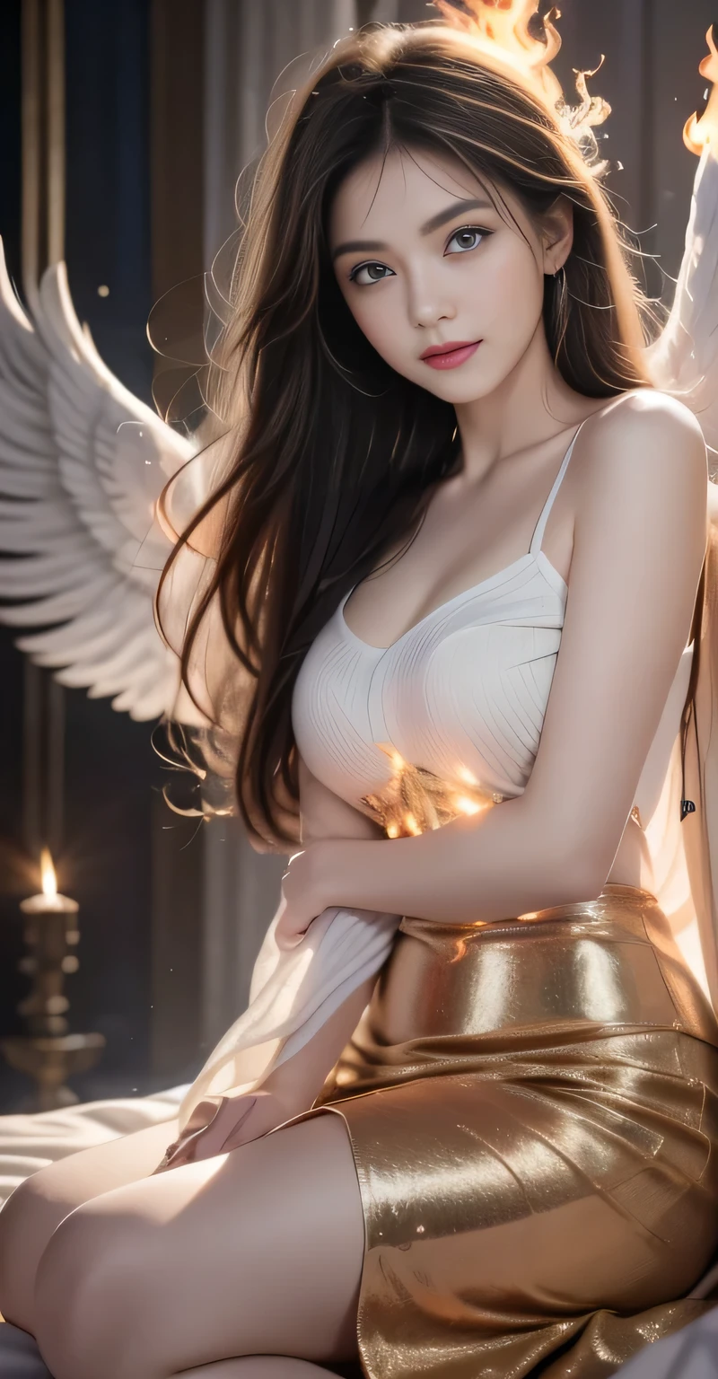 nsfw, Highest quality、Masterpiece、Succubus pretending to be an angel、Looks about 、Clean face、She seduces you with her open legs and a refreshing smile、Silky long hair、((Unusually huge naked breasts))、There&#39;s a lot of semen:1.4、White fur trim、Short but sexy body、Her body is shining with oil、Open and wet genitals、Thighs、Obscene lines、Little Angel Wings、Devil&#39;s Tail