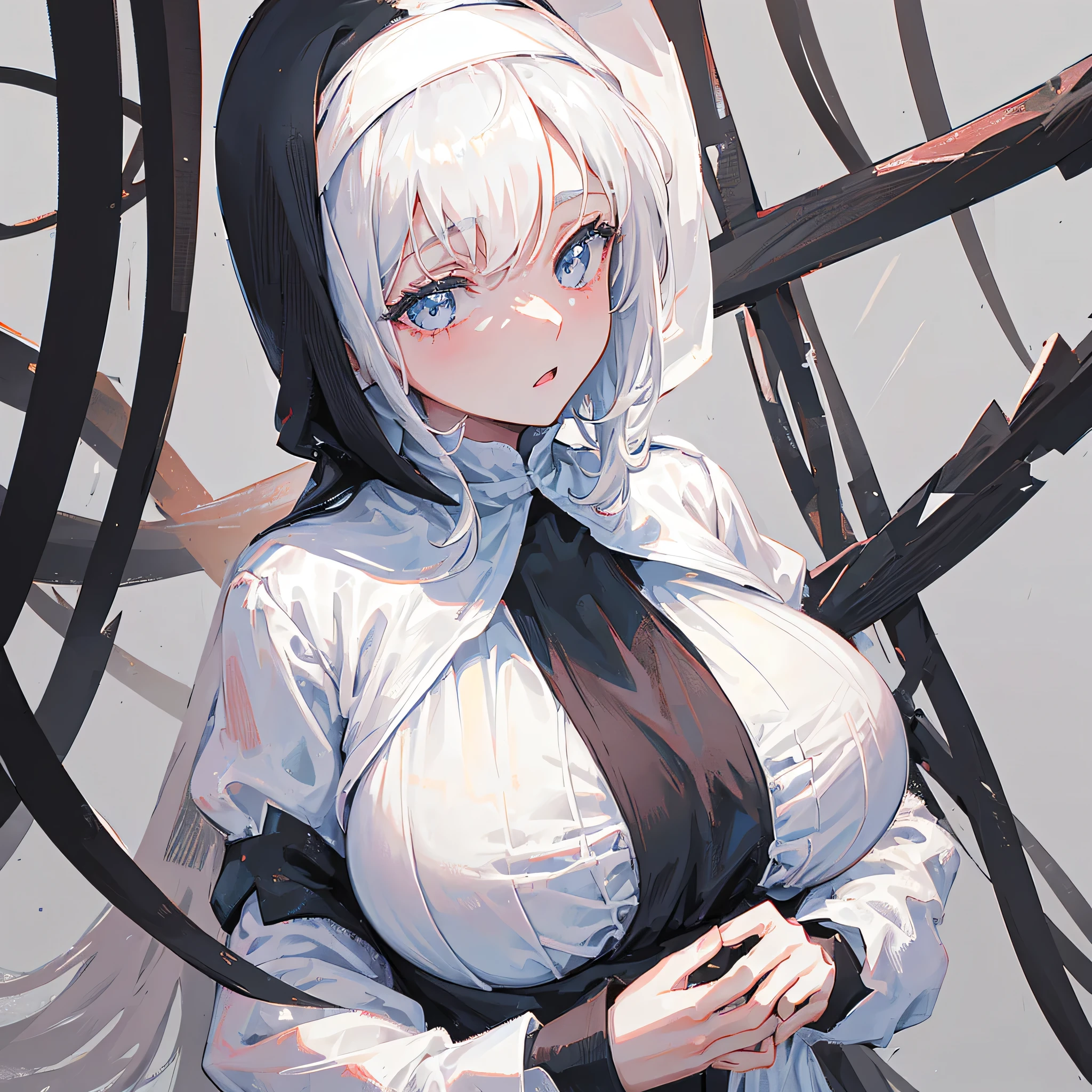 A girl,Dressed in black and white,nun,Dressed elegantly,Big breasts,((Pure white background))