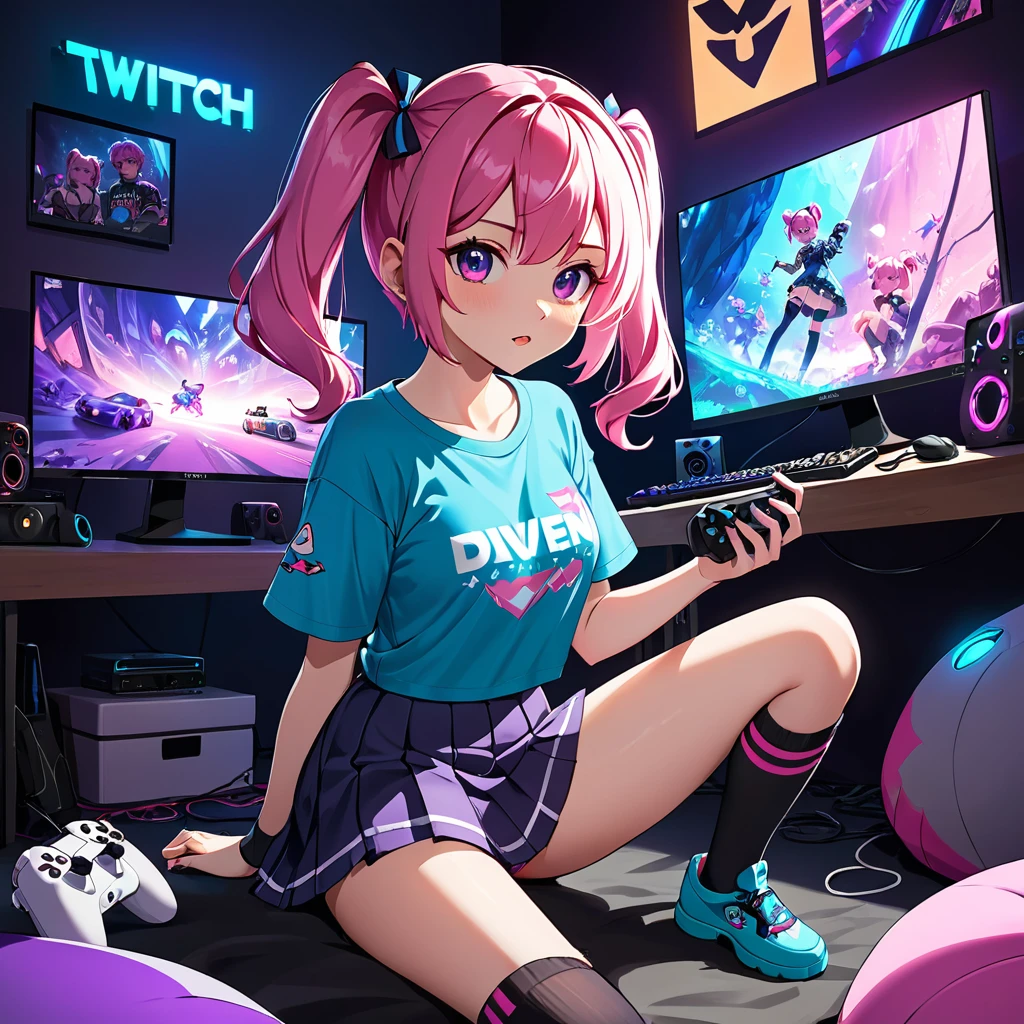 masterpiece, highly detailed, 8k, night time, neon gaming cave, adorable short haired American gamer girl sitting on a bean bag, cute face, holding a playstation game control, looking at the monitor, Twitch streamer, camgirl, very short skirt, fit, gorgeous, sexy, 23 year old, over the knee socks, pink hair, messy twin tails, (dynamic pose), (dynamic angle), panty shot