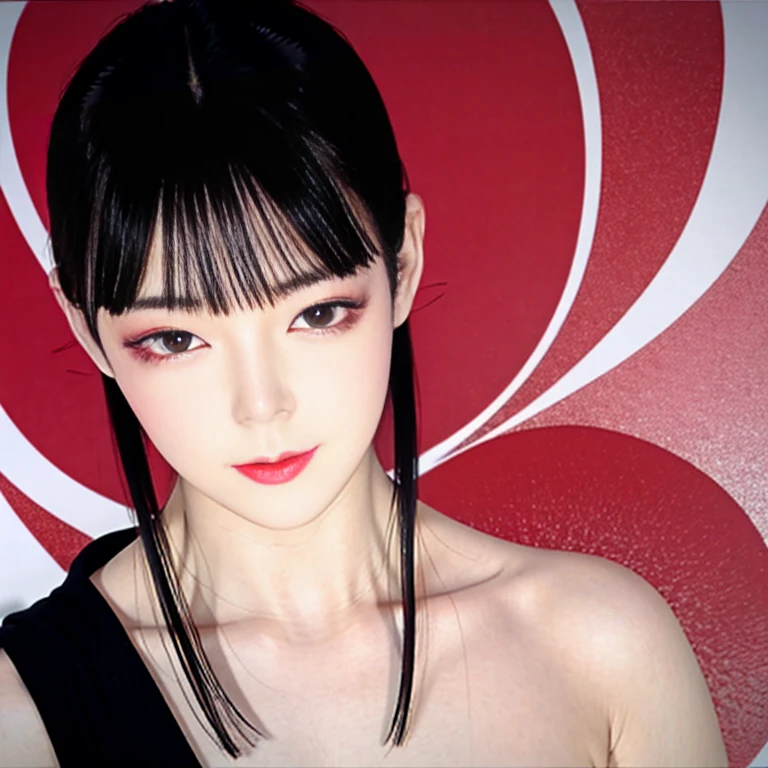 tsuruta ichiro, Narrow-eyed, 1girl in, Allback、deadpan、short-hair、shorth hair、brow、Reluctance、A dark-haired、Tucked Hair Solo, Cowgirl, Onepiece, ((mideum breasts)), Thin slit eyes、Black eyes, Light shines on the eyes、Black hair, gloves, Dress, Luxurious Jewelry, earrings, sharp eye、 elbow groves,Raise your hands and tie your hair back, random color, random color dress, Makeup for long eyes, Slender eyes、lip stick, Complex petal pattern, Rim Light, Back Light, pastel color,Studio Lighting
