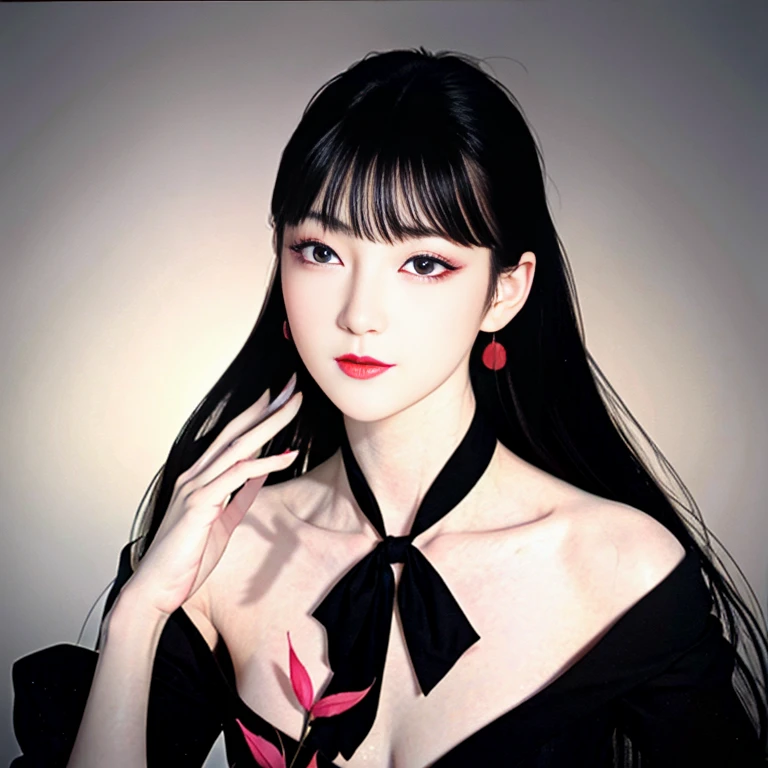 tsuruta ichiro, Narrow-eyed, 1girl in, Allback、deadpan、short-hair、shorth hair、brow、Reluctance、A dark-haired、Tucked Hair Solo, Cowgirl, Onepiece, ((mideum breasts)), Thin slit eyes、Black eyes, Light shines on the eyes、Black hair, gloves, Dress, Luxurious Jewelry, earrings, sharp eye、 elbow groves,Raise your hands and tie your hair back, random color, random color dress, Makeup for long eyes, Slender eyes、lip stick, Complex petal pattern, Rim Light, Back Light, pastel color,Studio Lighting