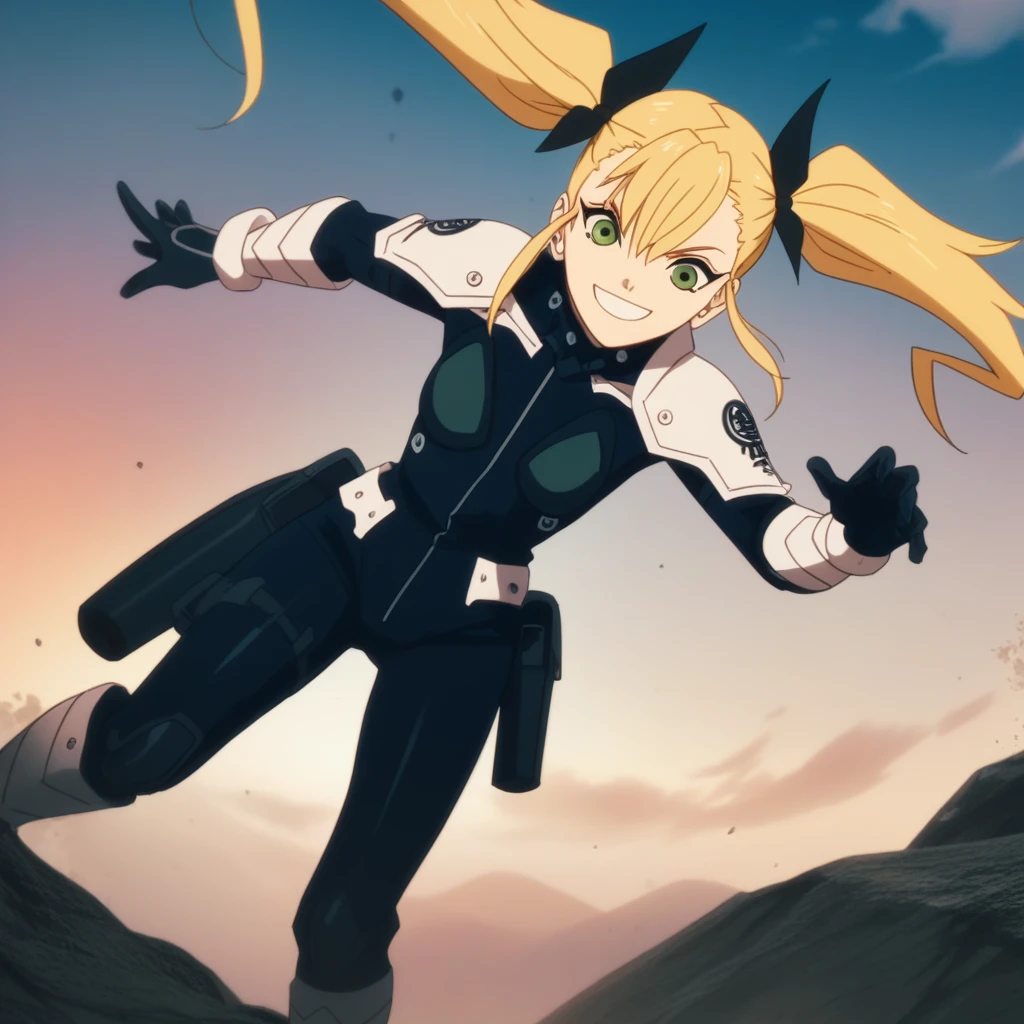 score_9, score_8_superior, score_7_superior, score_6_superior, score_5_superior, score_4_superior, sauce_anime, screenshot, kikoru, One girl, Blonde, Twin tails, Green Eyes, Hair Ribbon, Black Ribbon, bangs, Bodysuits, armor, superiorper body, smile