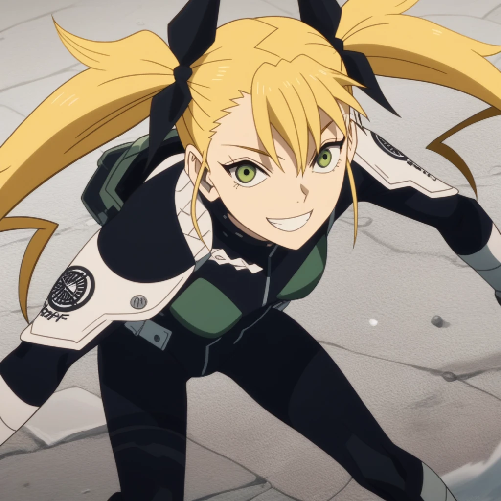 score_9, score_8_superior, score_7_superior, score_6_superior, score_5_superior, score_4_superior, sauce_anime, screenshot, kikoru, One girl, Blonde, Twin tails, Green Eyes, Hair Ribbon, Black Ribbon, bangs, Bodysuits, armor, superiorper body, smile