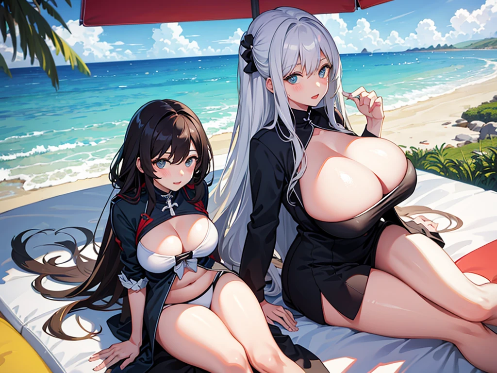 2 Girls,seaside,Long hair,Huge breasts,obesity