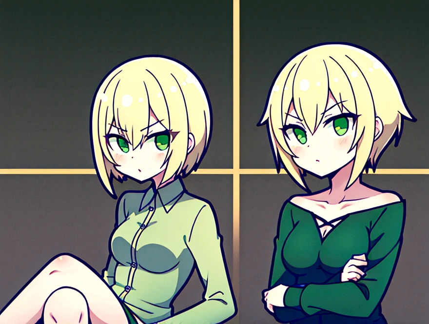 female Green clothes Short Hair Blonde anime Sitting with legs crossed Bad mood