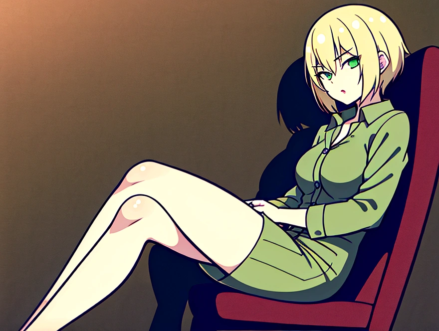female Green clothes Short Hair Blonde anime Sitting with legs crossed Bad mood