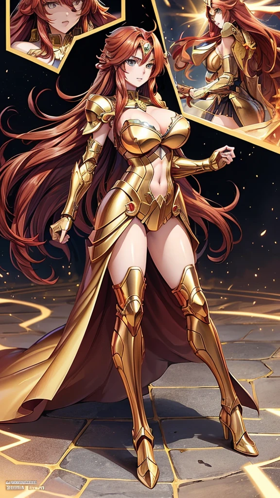 Highest image quality,Outstanding details,Ultra-high resolution,4K image, assembly, best quality, masterpiece, movie lighting ,Sexy,Huge breasts,cleavage,in combat operations,The flash of light in the hand,Golden lightning surrounds,red wavy hair,Red eyes,Lipstick,Gold Armor,Amot hardware has cracks,Smile