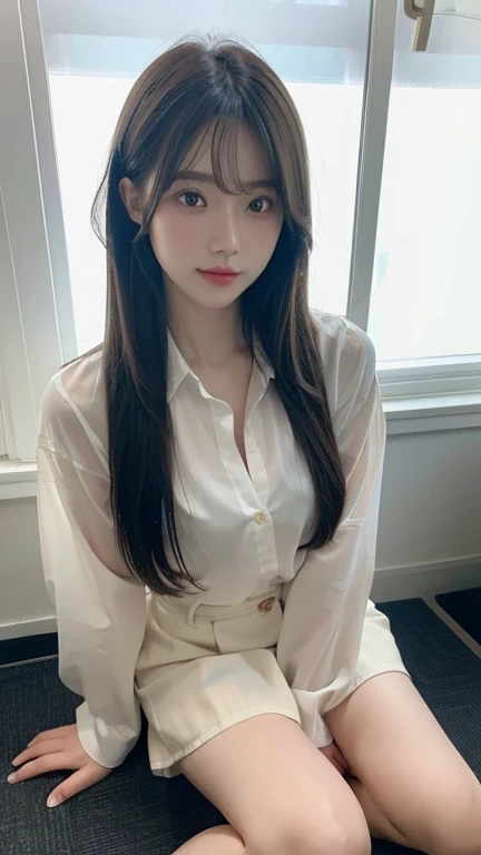 high resolution, Extremely detailed, Reality, Soft lighting, 1 beautiful Japanese girl, Very detailed beautiful face, Straight and medium-length hair, Transparent button down shirt, Beautiful legs