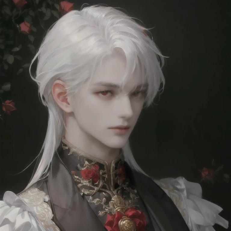 (((SAME HAIR SAME BANGS SAME OUTFIT)))) (SEDUCTIVE EYES MALE)(((RED RED EYES, ROSES, MALE)))((GENTLEMAN OUTFIT))(((very very glowing white hair)))((sharp jawline))(((same bangs)))(very pale skin super pale skin)(((BUSINESS OUTFIT VERY BUSINESS OUTFIT)))
