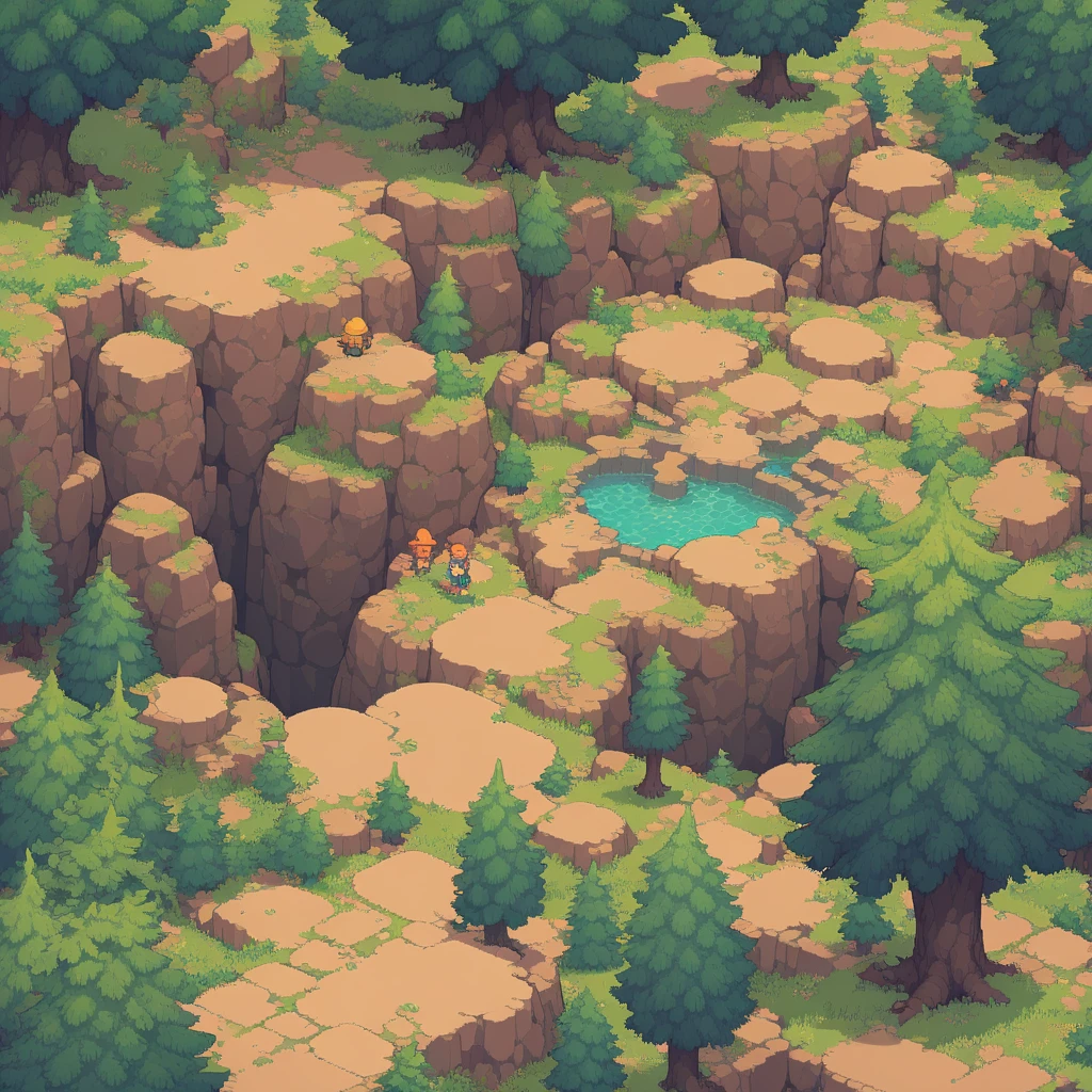 retro video game style,pixelated, vibrant pastel colors,8-bit characters,blocky shapes,sharp lines,detailed shading,classic gaming vibe,nostalgic atmosphere,classic arcade games,masterpiece:1.2,ultra-detailed,illustration style, 2d texture, stone texture, 4 k seamless mud texture, video game texture, dirt texture, tileset, game tiles, grass, trees, rock texture, detailed trees, topdown view, game texture, game art, tileable texture, very detailed cliff texture, intricate stones, top down view, 3/4th perspective