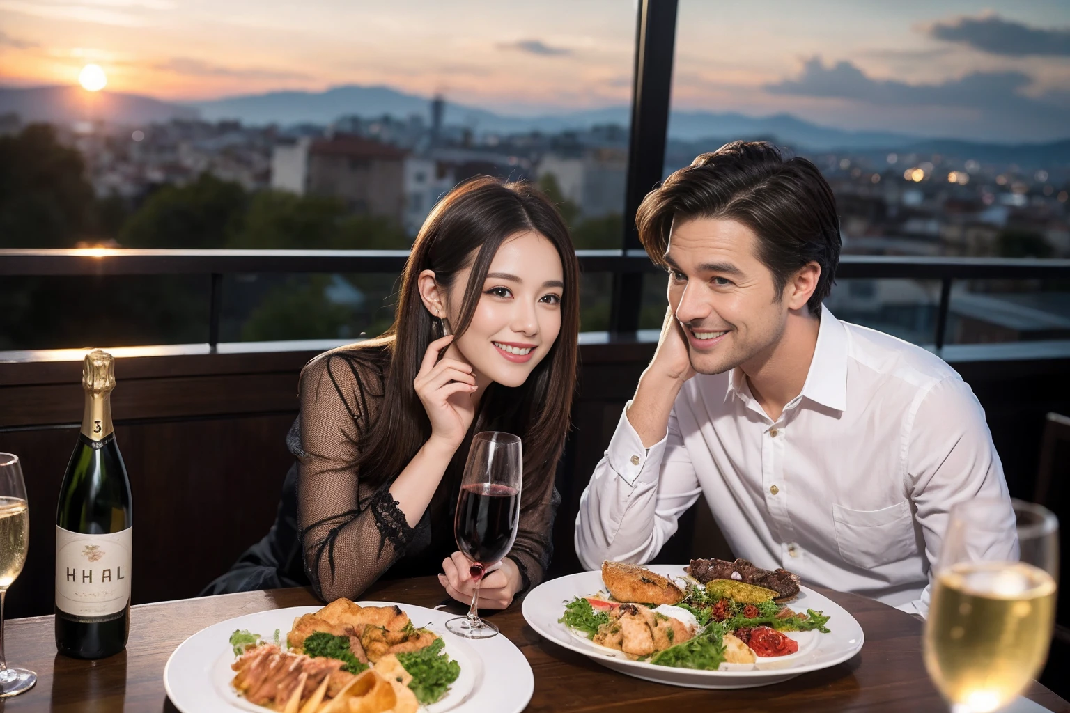 ((Highest quality、8K、masterpiece:1.3))、1 male 1 female、lover、Beautiful couple、Happy smile、full-course dinner、 (Slim face), (the body is スリム), (Brown Hair), (Shortcuts), ((Bob Hale、Straight hair:1.2)), テーブルの上のwine glass、Put the light on your face、 Amazing view of the sunset sky and clouds、The beauty of a smile、Bright image、Blushing, Shortcuts, (Age 35), 39 years old, Appetizers、Italian food、Wine bottle、Champagne、sparkling wine、Long sleeve shirt、dress、Attractive beauty、restaurant, Nova Frog Style, actress, model, Upper Body, White wine, red wine, wine glass, 