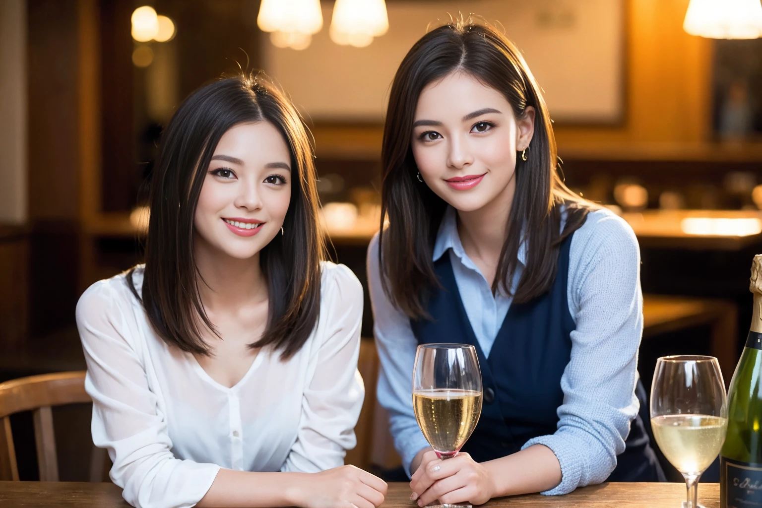 ((Highest quality、8K、masterpiece:1.3))、1 male 1 female、lover、Beautiful couple、Happy smile、full-course dinner、 (Slim face), (the body is スリム), (Brown Hair), (Shortcuts), ((Bob Hale、Straight hair:1.2)), テーブルの上のwine glass、Put the light on your face、 Amazing view of the sunset sky and clouds、The beauty of a smile、Bright image、Blushing, Shortcuts, (Age 35), 39 years old, Appetizers、Italian food、Wine bottle、Champagne、sparkling wine、Long sleeve shirt、dress、Attractive beauty、restaurant, Nova Frog Style, actress, model, Upper Body, White wine, red wine, wine glass,