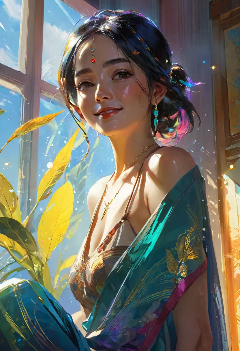 Indian lady,Carne Griffiths, Wadim Kashin, Monk, Pino Daeni, Portrait of an elegant woman in her bedroom by the window in the sunlight thoughtful smile. Perfect anatomy, perfect beautiful fingers, perfect face, piercing eyes. Sunny day, warm tone. perfect, beautiful, detailed, intricate composition, octane rendering, 8K, soft natural light, chiaroscuro, masterpiece, golden ratio, faux details, pixiv trend fanbox, acrylic facade palette, Makoto shinkai studio ghibli impact style Genshin James Gilleard Greg Rutkowski Chiho Aoshima, Broken Glass effect, no background, stunning, something that even doesn't exist, mythical being, energy, molecular, textures, iridescent and luminescent scales, breathtaking beauty, pure perfection, divine presence, unforgettable, impressive, breathtaking beauty, Volumetric light, auras, rays, vivid colors reflects