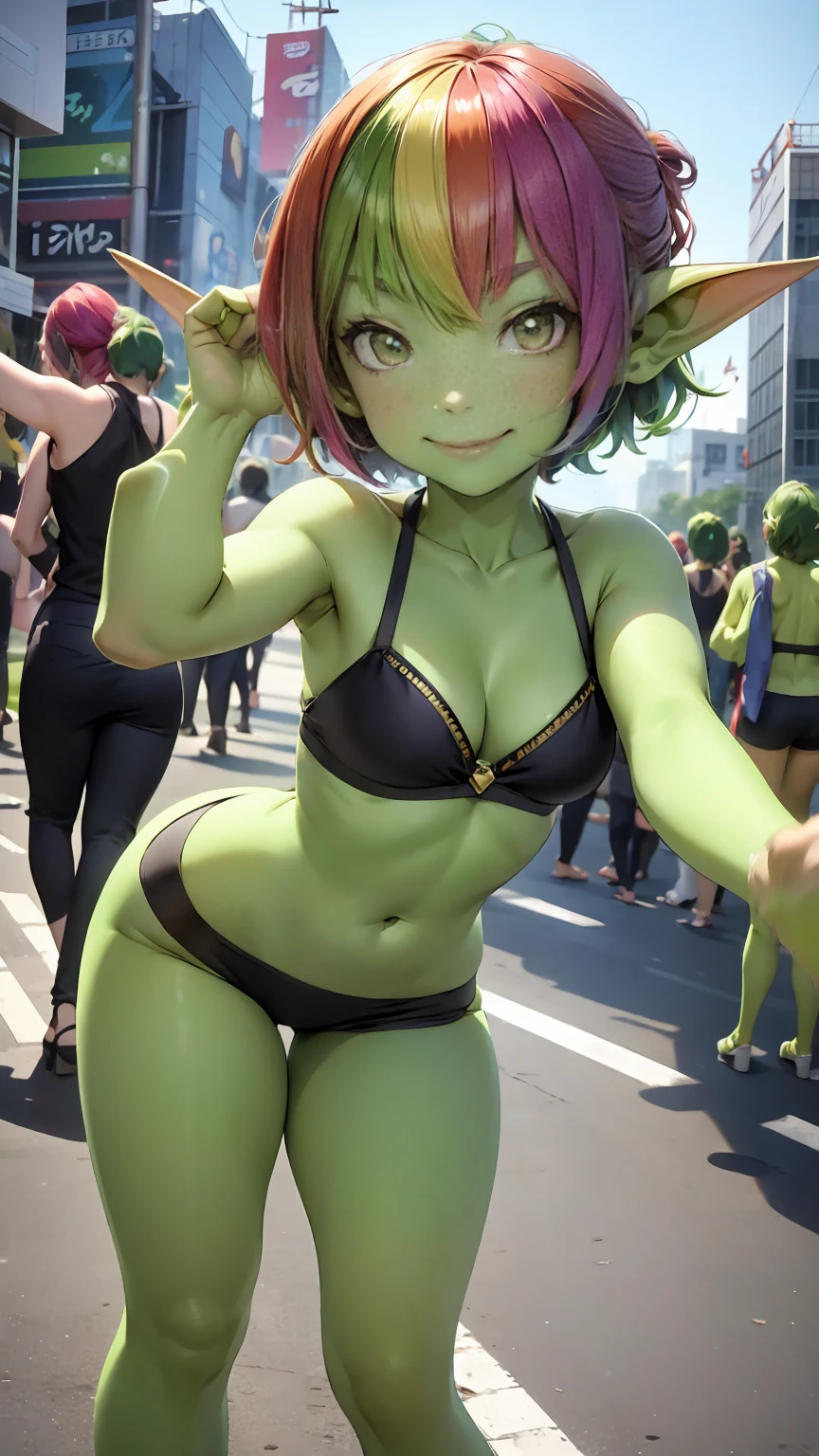 1 girl, short hair, green goblin girl, green skin, small pointy ears, (rainbow hair), wearing modern city fashion, smiling, outdoors in tokyo, taking a selfie, influencer, silly pose, dynamic pose