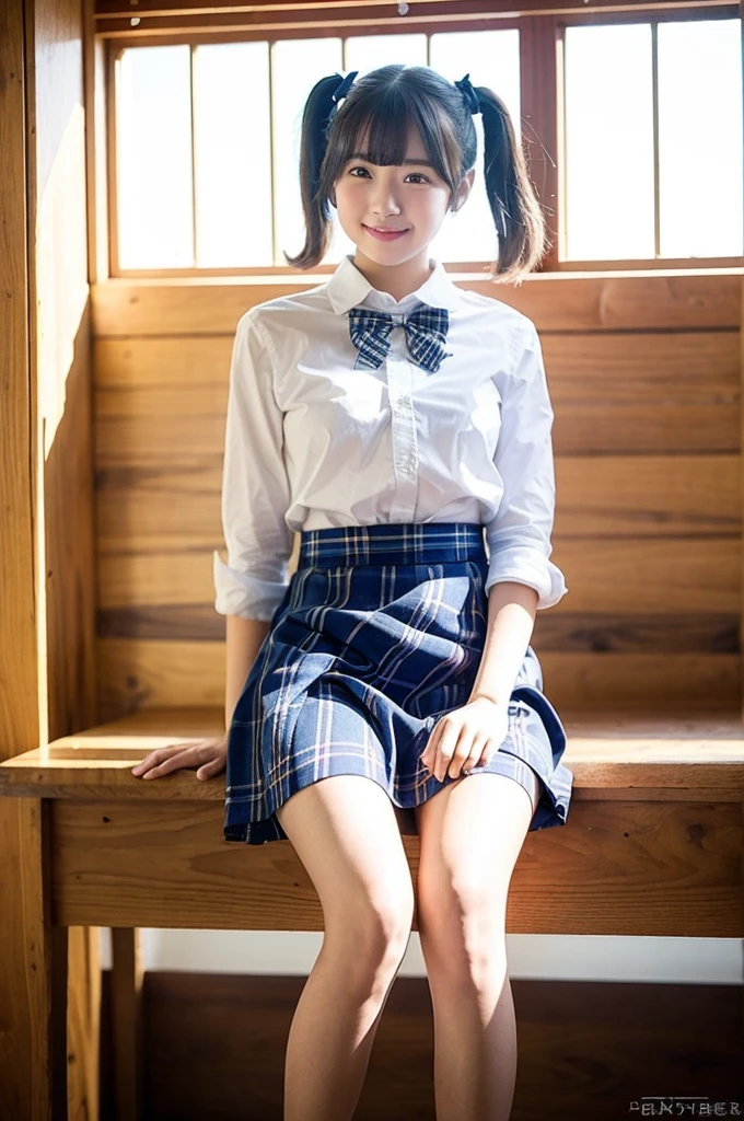 Sitting on a park bench。The skirt is white with blue polka dots。Polka dots are small。Wears gold-rimmed glasses。