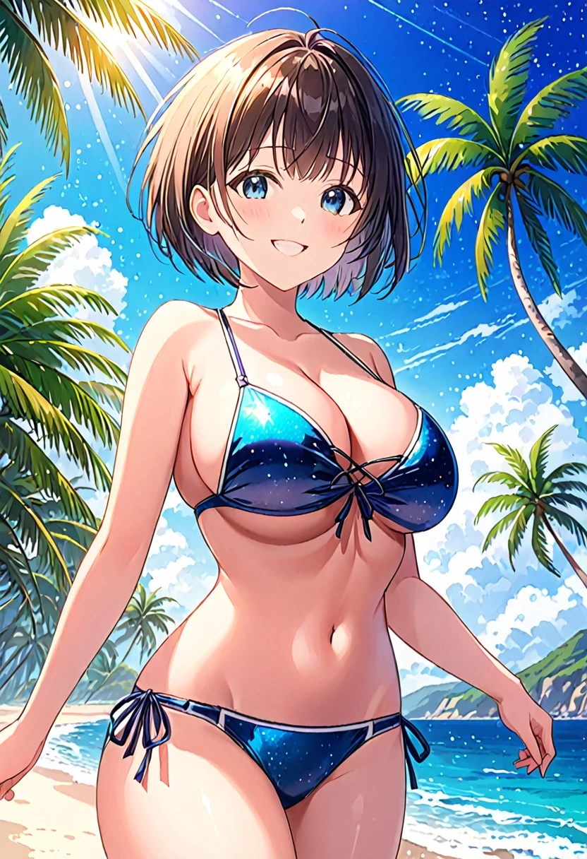 Shining Sea, Clear sky with white clouds, Palm trees along the coast, Blur the background,Pleasant sea breeze,high school girl,Big Breasts,Swimwear,short hair,smile,Glitter effect,Highest quality, 8K, High resolution, masterpiece:1.2, Very detailed, Realistic:1.37, High resolution, 超High resolution, Ultra-fine painting, Very detailed, Professional, Vibrant colors