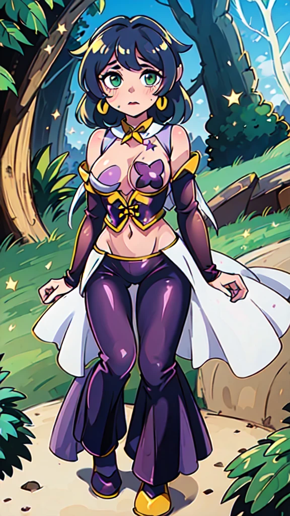 masterpiece, best quality,1girl, ((young girl)), ((large round magical green eyes)), shiny skin, (thin waist), (long curlly green hair), ((curvy)), ((wide hips)), ((hoop earrings)), ((small size)), hot, soft natural lighting, reflections, bright illuminations, deep dark black skin, full body, ((Utena Hiiragi costume)), ((star pasties)), pasties, navel, big boobs, lowleg pants