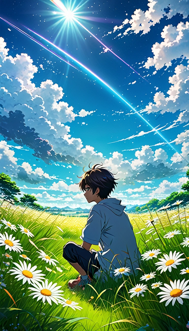 Anime landscape of a boy sitting in a field with tall grass and daisy flowers watching a void with white clouds, colorful anime scene, a beautiful anime peace scene, Makoto Shinkai Cyril Rolando, a beautiful anime scene, a background of amazing screen, an anime art wallpaper 8k, anime background, anime art background, anime wallpaper 4k, anime art 4k wallpaper, anime art 4k wallpaper,