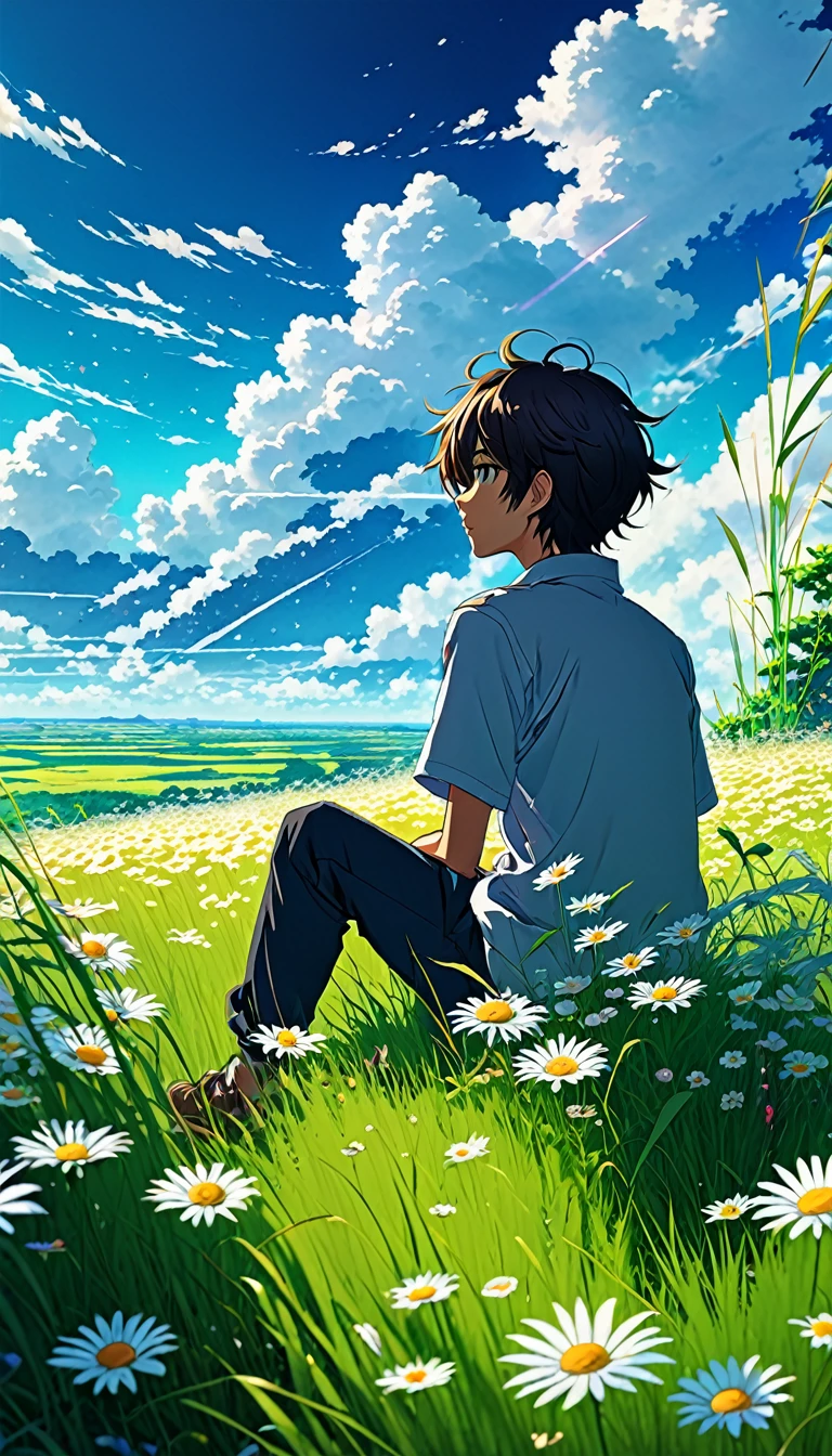 Anime landscape of a boy sitting in a field with tall grass and daisy flowers watching a void with white clouds, colorful anime scene, a beautiful anime peace scene, Makoto Shinkai Cyril Rolando, a beautiful anime scene, a background of amazing screen, an anime art wallpaper 8k, anime background, anime art background, anime wallpaper 4k, anime art 4k wallpaper, anime art 4k wallpaper,
