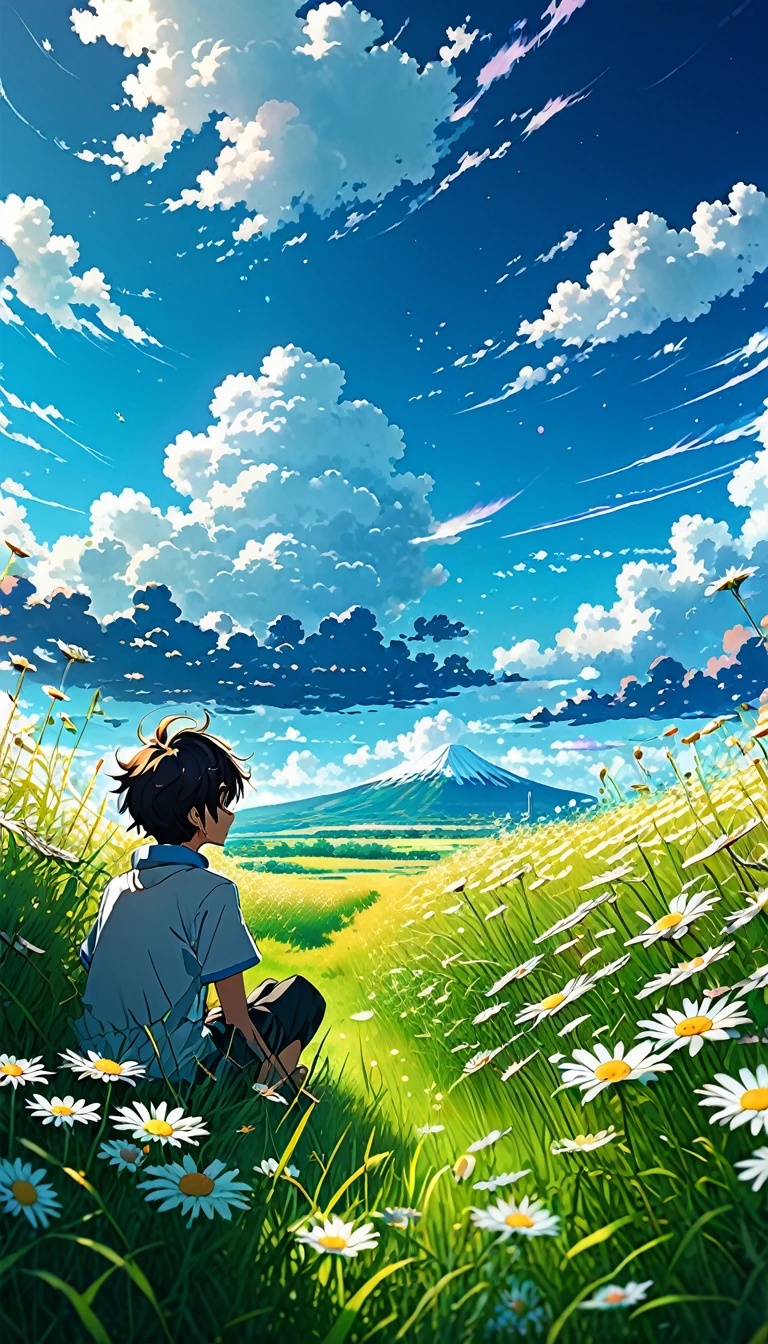 Anime landscape of a boy sitting in a field with tall grass and daisy ...