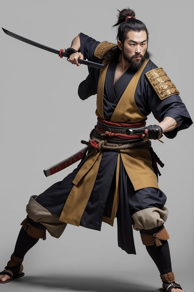 a 30 year old Japanese man, body hair... a samurai with kimono ...and a katana, offensive stance, whole body, isometric view, simple impressionism style