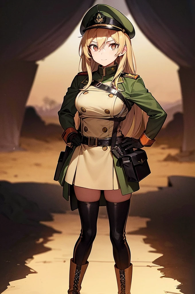 Content:
An anime woman in a military uniform. She has dark brown eyes, tanned skin, blonde hair that ends halfway down her back, and military boots. Her military uniform has themes of brown to reflect the desert background, and she carries binoculars. Her appearance is loosely inspired by Erwin Rommel. She wears a confident smile, looking very mature, with her hands on her hips.

Medium:
Digital art, anime illustration.

Style:
Pixiv contest winner, fine art, with elements inspired by historical military aesthetics and anime character design.

Lighting:
Dramatic, with strong contrasts to highlight her authoritative presence and the details of her uniform. Subtle shadows to add depth and realism.

Colours:
A palette dominated by military greens, browns, and blacks to reflect the desert environment.

Composition:
A full body shot. She salutes to the camera, showcasing her confidence and authority.