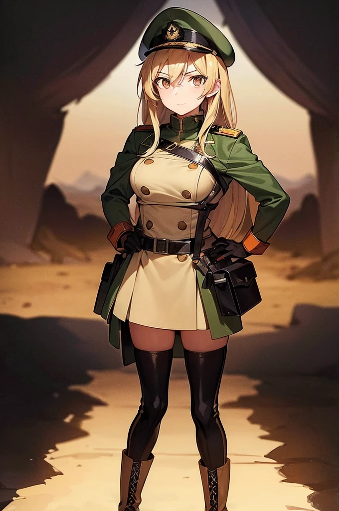 Content:
An anime woman in a military uniform. She has dark brown eyes, tanned skin, blonde hair that ends halfway down her back, and military boots. Her military uniform has themes of brown to reflect the desert background, and she carries binoculars. Her appearance is loosely inspired by Erwin Rommel. She wears a confident smile, looking very mature, with her hands on her hips.
Medium:
Digital art, anime illustration.
Style:
Pixiv contest winner, fine art, with elements inspired by historical military aesthetics and anime character design.
Lighting:
Dramatic, with strong contrasts to highlight her authoritative presence and the details of her uniform. Subtle shadows to add depth and realism.
Colours:
A palette dominated by military greens, browns, and blacks to reflect the desert environment.
Composition:
A full body shot. She salutes to the camera, showcasing her confidence and authority.