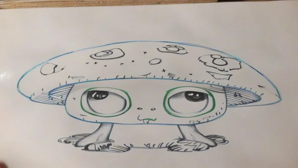 a close up of a drawing of a mushroom with eyes, with a large head and big eyes, trippy mushroom, mushroom, with symmetrical head and eyes, magic mushroom, a drawing, a 's drawing, art in the style of joshy sly, amanita, based on child's drawing, inspired by Takashi Murakami, made of mushrooms
