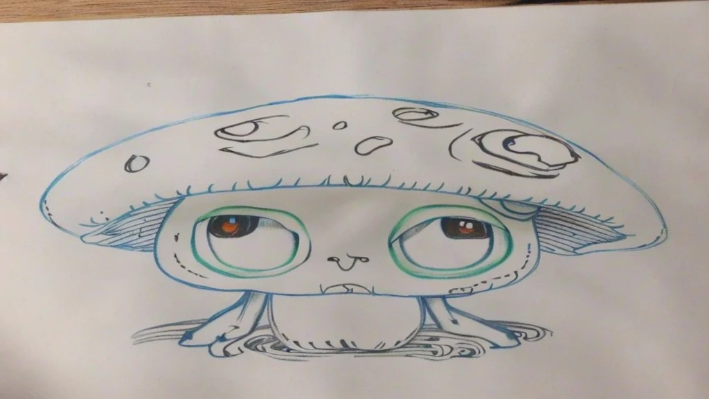 a close up of a drawing of a mushroom with eyes, with a large head and big eyes, trippy mushroom, mushroom, with symmetrical head and eyes, magic mushroom, a drawing, a child's drawing, art in the style of joshy sly, amanita, based on child's drawing, inspired by Takashi Murakami, made of mushrooms