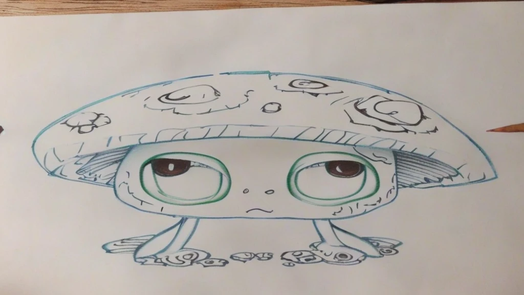 a close up of a drawing of a mushroom with eyes, with a large head and big eyes, trippy mushroom, mushroom, with symmetrical head and eyes, magic mushroom, a drawing, a child's drawing, art in the style of joshy sly, amanita, based on child's drawing, inspired by Takashi Murakami, made of mushrooms