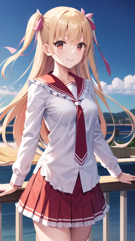 masterpiece, best quality, highres, aariko, long hair, blonde hair, two side up, hair ribbon, pink ribbon, , frills, serafuku, sailor collar, necktie, white shirt, long sleeves, red skirt, standing, cowboy shot, outdoors, smile