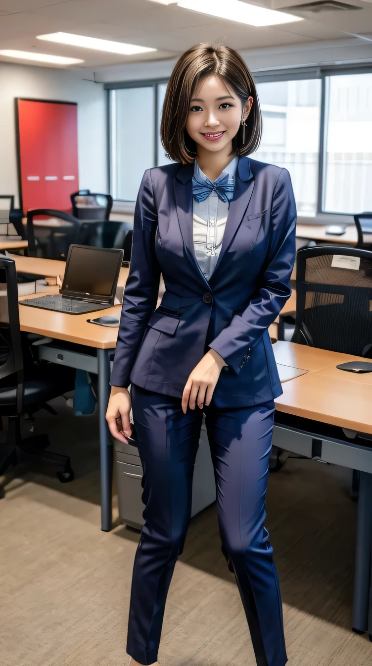 Highest quality:1.2), (Realistic,photo-Realistic:1.4), RAW Photos, High resolution, Very detailed, Intricate details, Short Haircut、Ear piercing、smile、Black Hair, (Front view, ), Two Japanese women, Standing in office room, (whole body,:1.5), Large Breasts, (High-quality fabric, Office Lady Suit Pants Style:1.2), Fine grain, Detailed face, Fine skin, indoor,


