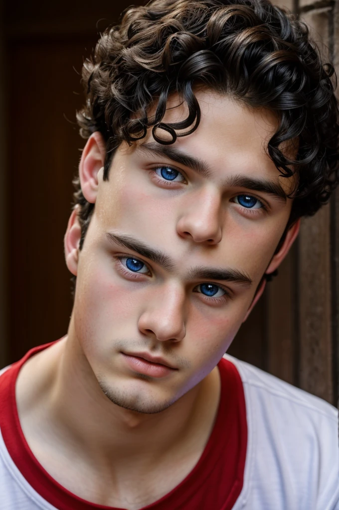 European young man. He is almost . Curly black hair. Big blue eyes. Round face. Red cheeks. Poor noble features