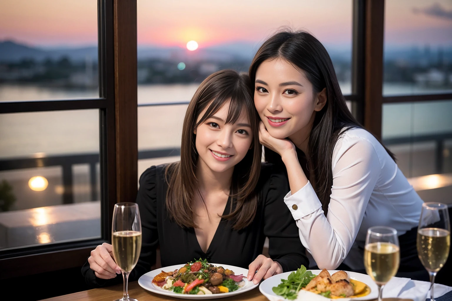 ((Highest quality、8K、masterpiece:1.3))、1 male 1 female、lover、Beautiful couple、Happy smile、full-course dinner、 (Slim face), (the body is スリム), (Brown Hair), (Shortcuts), ((Bob Hale、Straight hair:1.2)), テーブルの上のwine glass、Put the light on your face、 Amazing view of the sunset sky and clouds、The beauty of a smile、Bright image、Blushing, Shortcuts, (Age 35), 39 years old, Appetizers、Italian food、Wine bottle、Champagne、sparkling wine、Long sleeve shirt、dress、Attractive beauty、restaurant, Nova Frog Style, actress, model, Upper Body, White wine, red wine, wine glass,