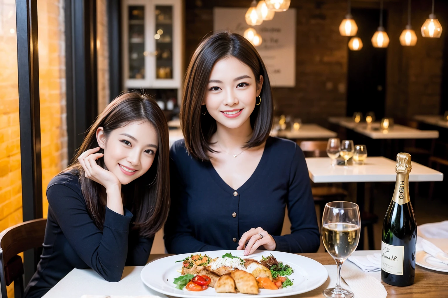 ((Highest quality、8K、masterpiece:1.3))、1 male 1 female、lover、Beautiful couple、Happy smile、full-course dinner、 (Slim face), (the body is スリム), (Brown Hair), (Shortcuts), ((Bob Hale、Straight hair:1.2)), テーブルの上のwine glass、Put the light on your face、 Amazing view of the sunset sky and clouds、The beauty of a smile、Bright image、Blushing, Shortcuts, (Age 35), 39 years old, Appetizers、Italian food、Wine bottle、Champagne、sparkling wine、Long sleeve shirt、dress、Attractive beauty、restaurant, Nova Frog Style, actress, model, Upper Body, White wine, red wine, wine glass, 