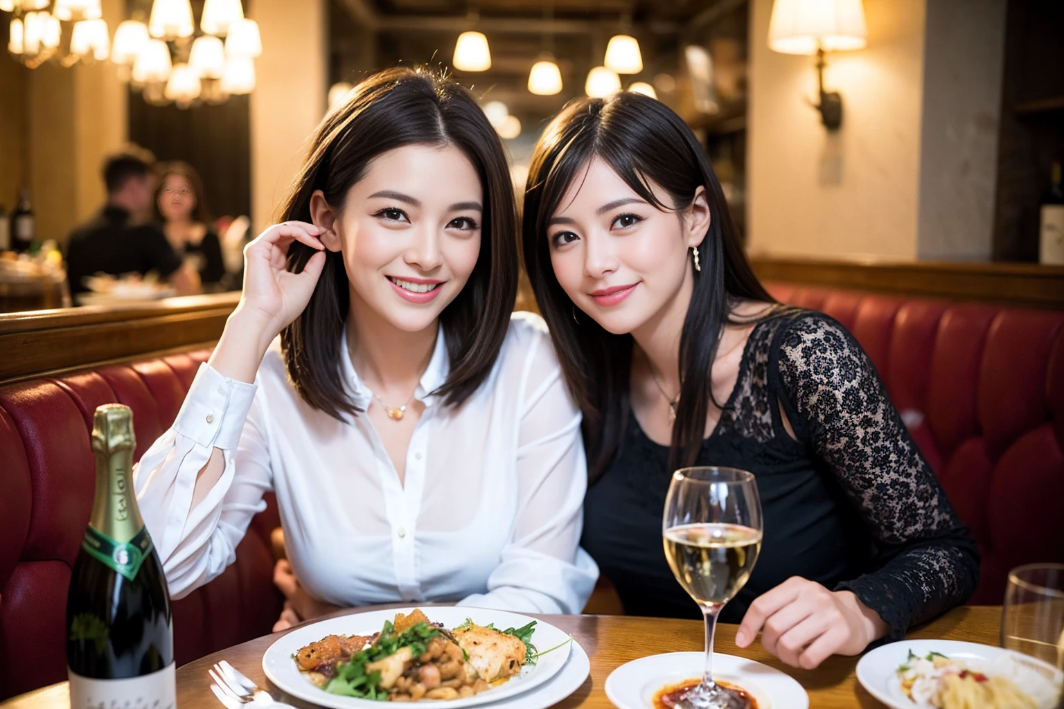 ((Highest quality、8K、masterpiece:1.3))、1 male 1 female、lover、Beautiful couple、Happy smile、full-course dinner、 (Slim face), (the body is スリム), (Brown Hair), (Shortcuts), ((Bob Hale、Straight hair:1.2)), テーブルの上のwine glass、Put the light on your face、 Amazing view of the sunset sky and clouds、The beauty of a smile、Bright image、Blushing, Shortcuts, (Age 35), 39 years old, Appetizers、Italian food、Wine bottle、Champagne、sparkling wine、Long sleeve shirt、dress、Attractive beauty、restaurant, Nova Frog Style, actress, model, Upper Body, White wine, red wine, wine glass,