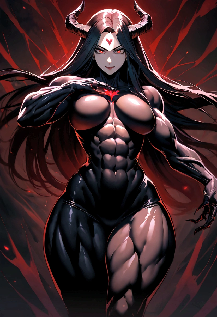 I want you to create the image of a woman, she has long dark hair and two dark horns on her forehead, red eyes and dark pupils, its entire body is covered in darkness with small red details, she has a toned physique with voluminous thighs and large pecs, Your whole body is covered in darkness, except your pale face, She is strong and slender, make her with an evil smile and with her own totally dark heart in the palm of her hand as if she is intimidating her opponent