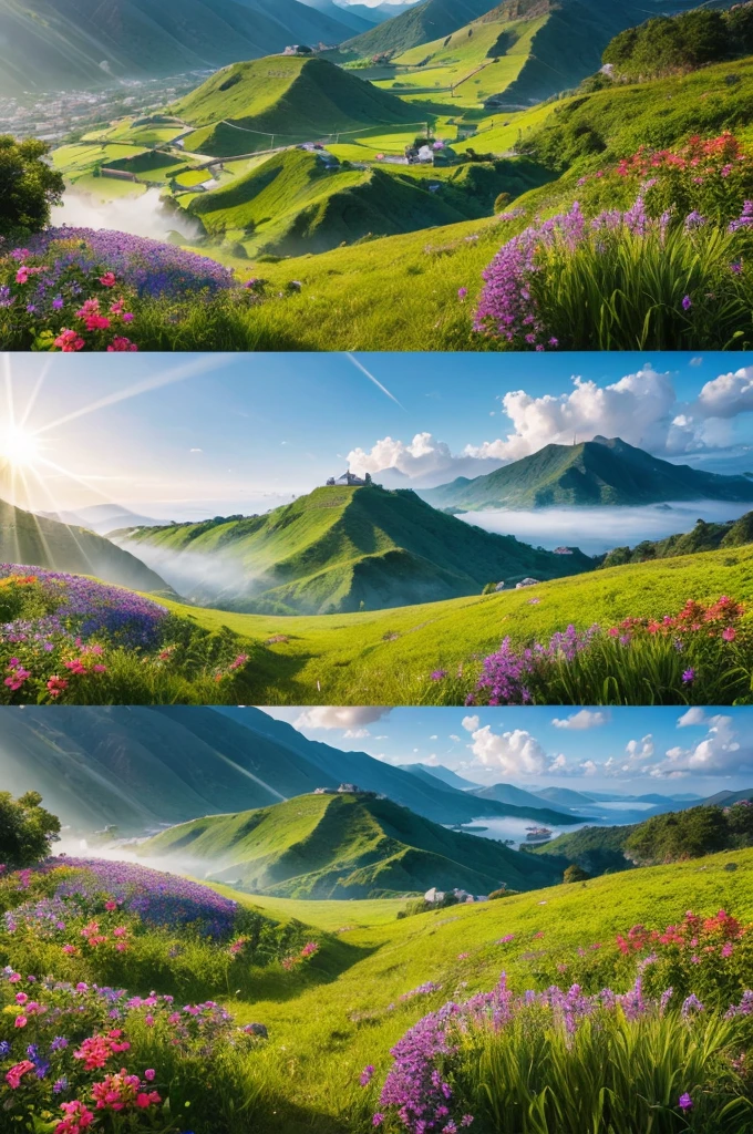 Medieval Catholic church on the mountain, View of the sea, surrounded by lush vegetation in a valley of flowers, rise sun, with rays of light, slightly misty day, Ultra -HD, 真实感, cinematic light, detailed back ground, swirly vibrant colors, conceptual artwork