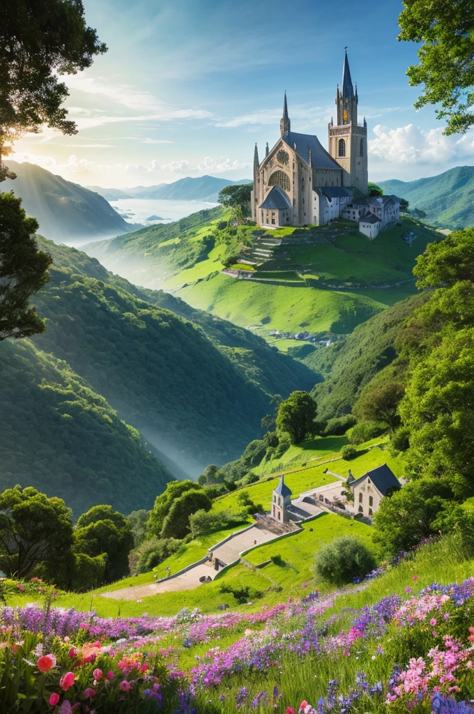 Medieval Catholic church on the mountain, View of the sea, surrounded by lush vegetation in a valley of flowers, rise sun, with rays of light, slightly misty day, Ultra -HD, 真实感, cinematic light, detailed back ground, swirly vibrant colors, conceptual artwork