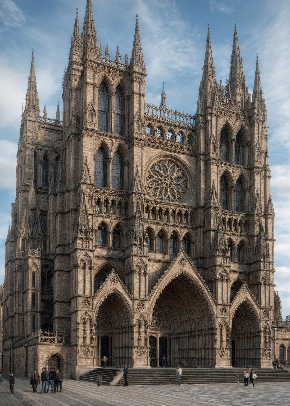 Raw photo, (best quality, masterpiece:1.2), vivid color, daylight,the complex Gothic cathedral facade. The church has large pointed arches, ornate rose windows, high spires and many small towers. The building is richly decorated with intricate carvings, gothic motifs and flying pillars. The image is represented in a surreal style with precise lines, documenting the grandeur and complexity of Gothic architecture. There are small groups of people and steps leading to the large entrance, adding a sense of scale and realism to the scene.