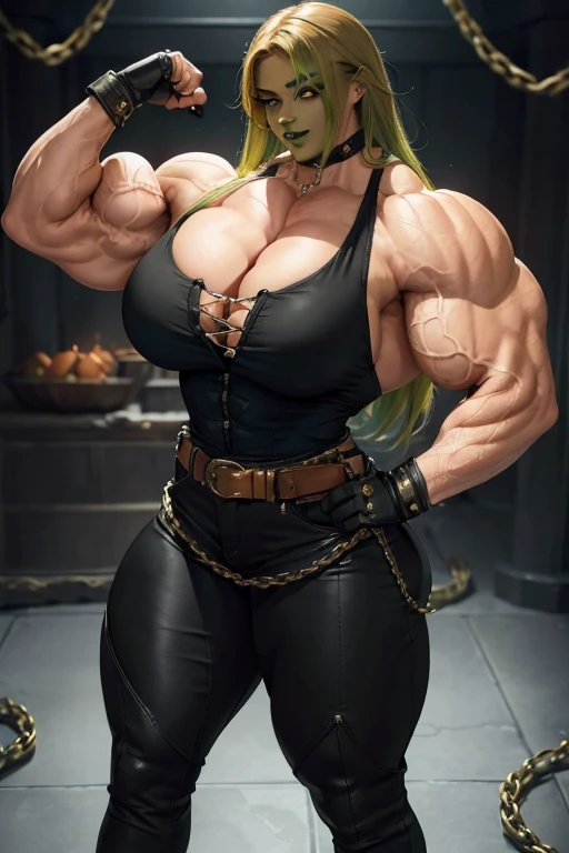 (((Massive tall, beautiful, buff, light brown skinned muscular woman with green hair, black lipstick, ginormous bulky muscles, surrounded by chains and wearing a beautiful black unbuttoned blouse with a beautiful black tight pants))), (close view), massive muscle, massive biceps, hyper muscle shoulders, massive muscle arms, vascular shoulders, hyper muscle triceps, (long curvy hair), (beautiful unbuttoned black blouse), orange eyes, gauntlets, gloves, choker, (beautiful black tight pants with a belt), boots, (in a dark space), confident smile, night, hyper vascular arm, hyper muscles arms, hyper muscle legs, massive arms